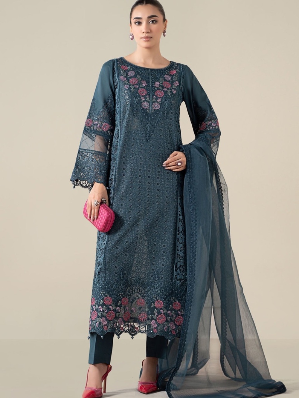 Teal Embroidered Chikankari Kurta Set with Pink Accents